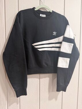 adidas Cropped Black Crewneck Sweatshirt with White Stripe Detail